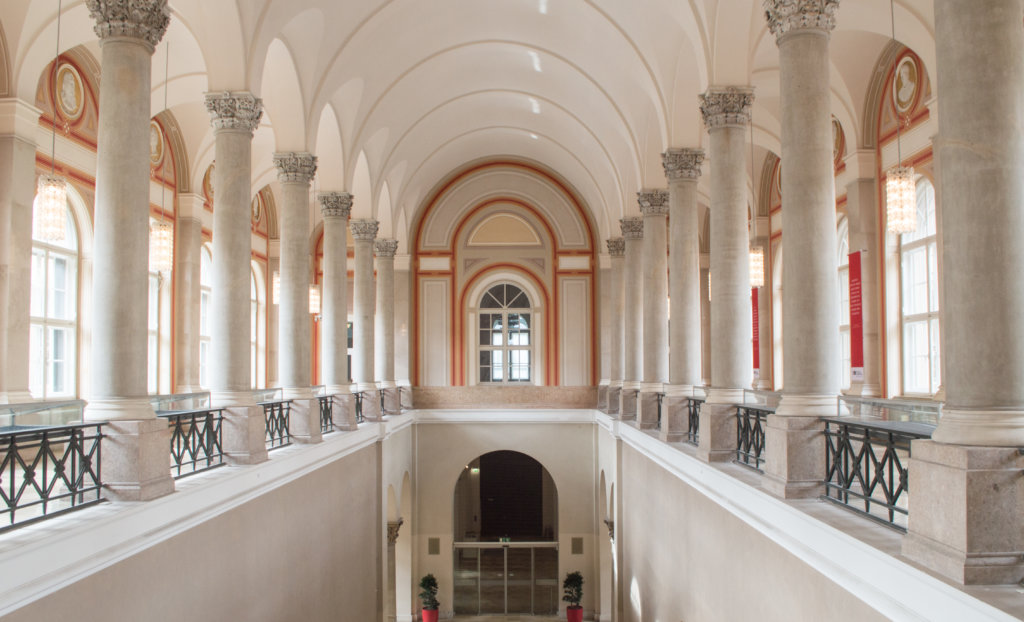 Libraries in Munich Bayerische Staatsbibliothek Grand staircase and statues at the Bayerische Staatsbibliothek in Munich